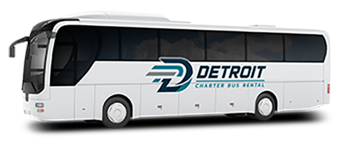 a plain white charter bus with a detroit charter bus rental logo on it